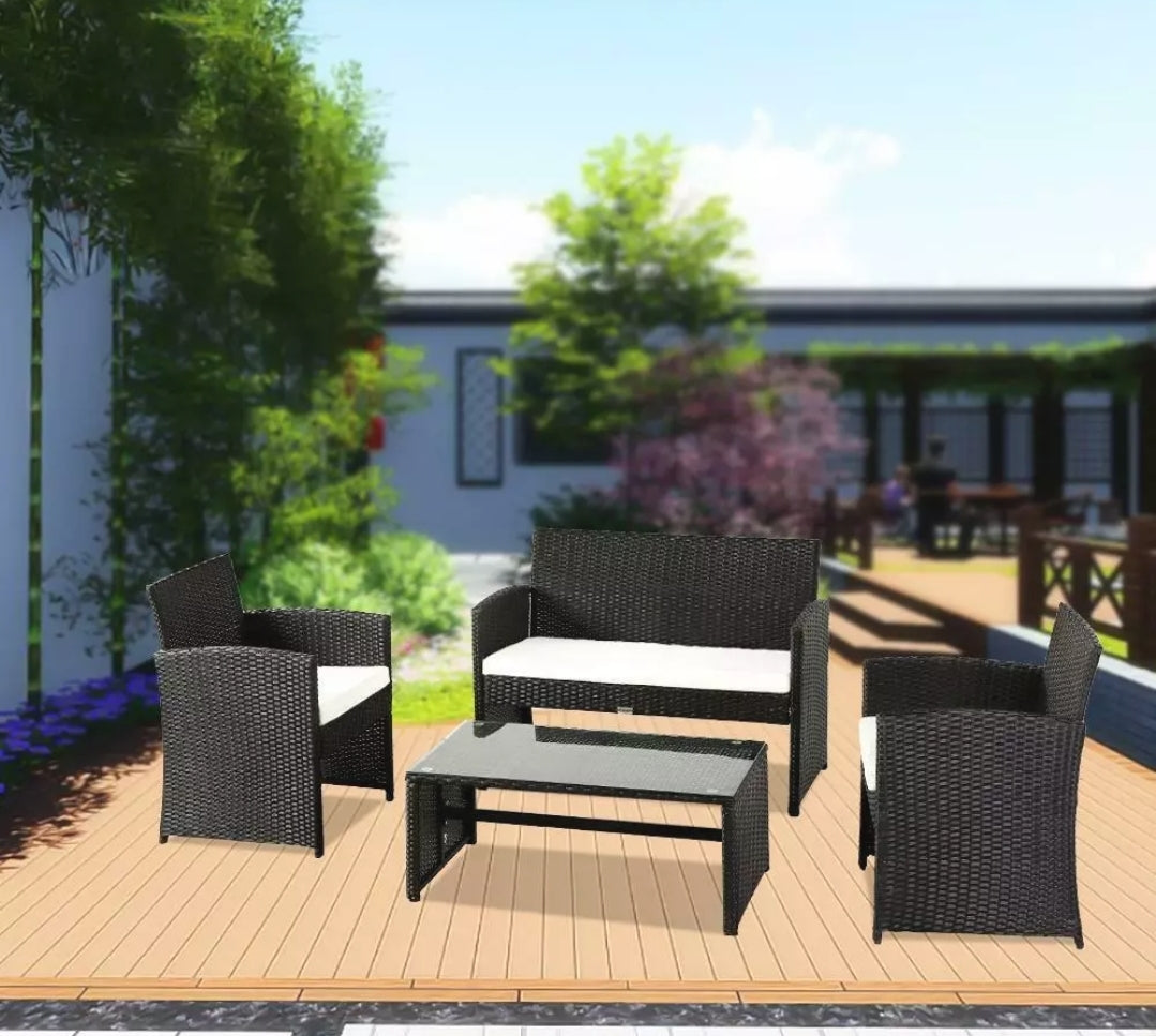 4PCS Black Patio Rattan Furniture Conversation Set Cushioned Sofa Table Outdoor Black