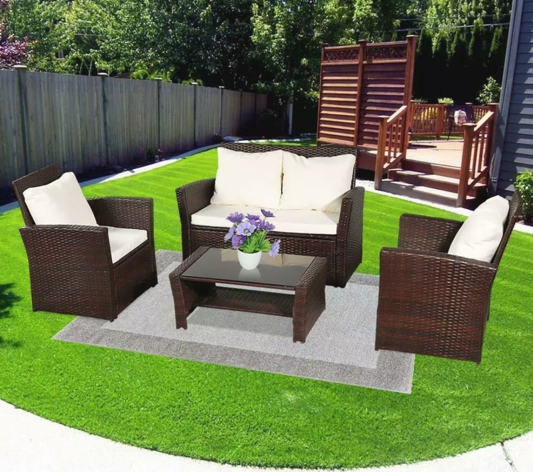 4PCS Brown In/Outdoor Patio Rattan Wicker Furniture Set Wicker Table Sofa /w Cushioned