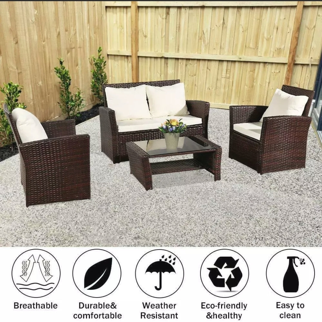 4PCS Brown In/Outdoor Patio Rattan Wicker Furniture Set Wicker Table Sofa /w Cushioned