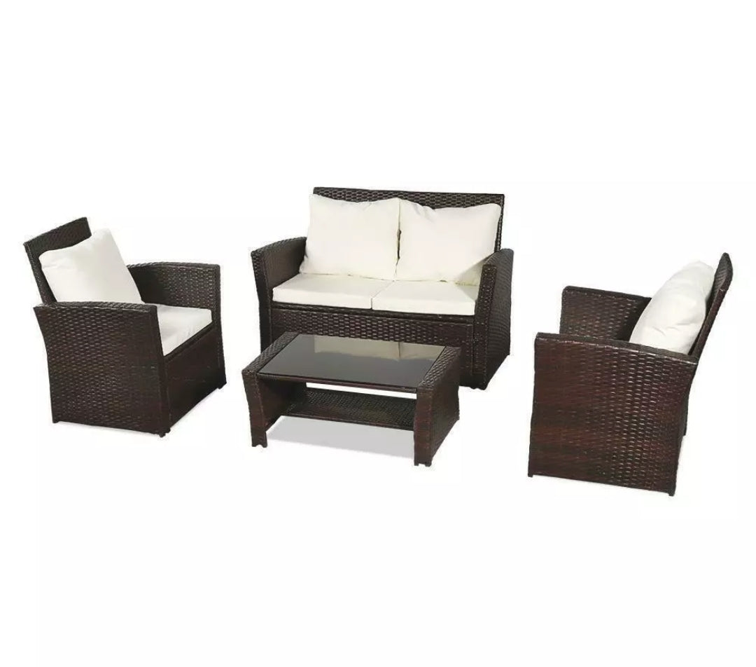 4PCS Brown In/Outdoor Patio Rattan Wicker Furniture Set Wicker Table Sofa /w Cushioned