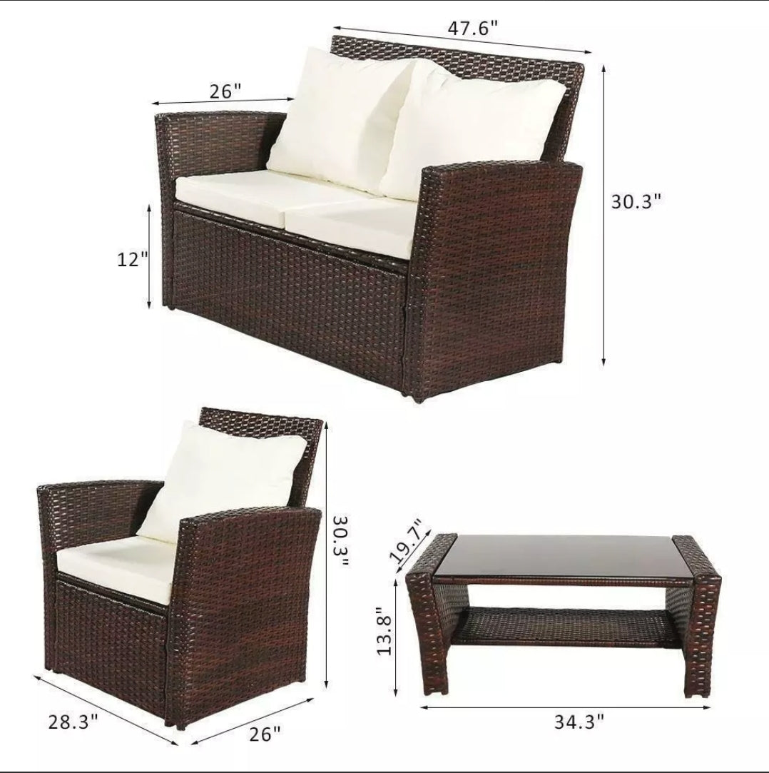 4PCS Brown In/Outdoor Patio Rattan Wicker Furniture Set Wicker Table Sofa /w Cushioned