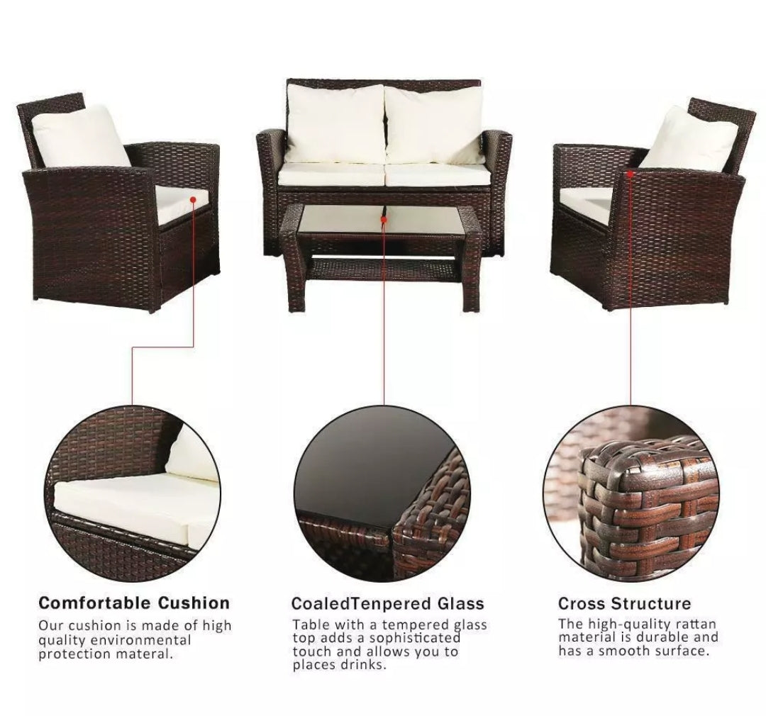 4PCS Brown In/Outdoor Patio Rattan Wicker Furniture Set Wicker Table Sofa /w Cushioned
