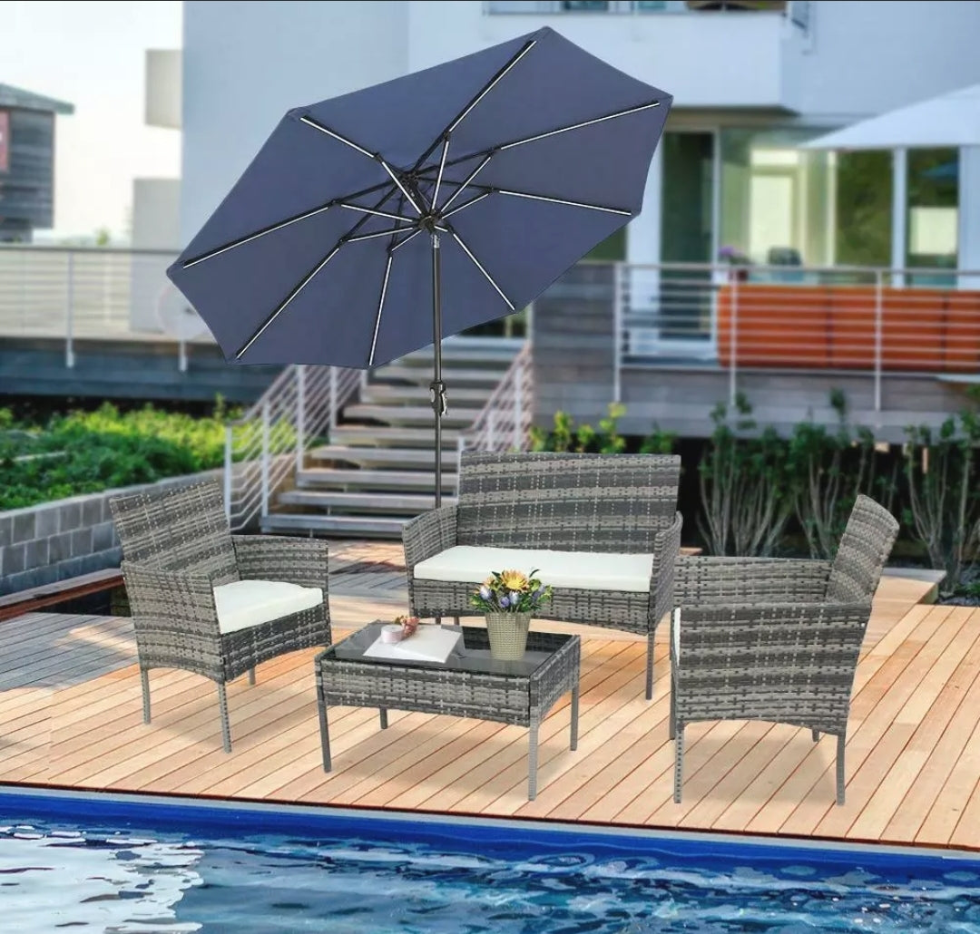 4PCS Gray Patio Rattan Wicker Furniture Set Cushioned Chair Glass Table Top Garden