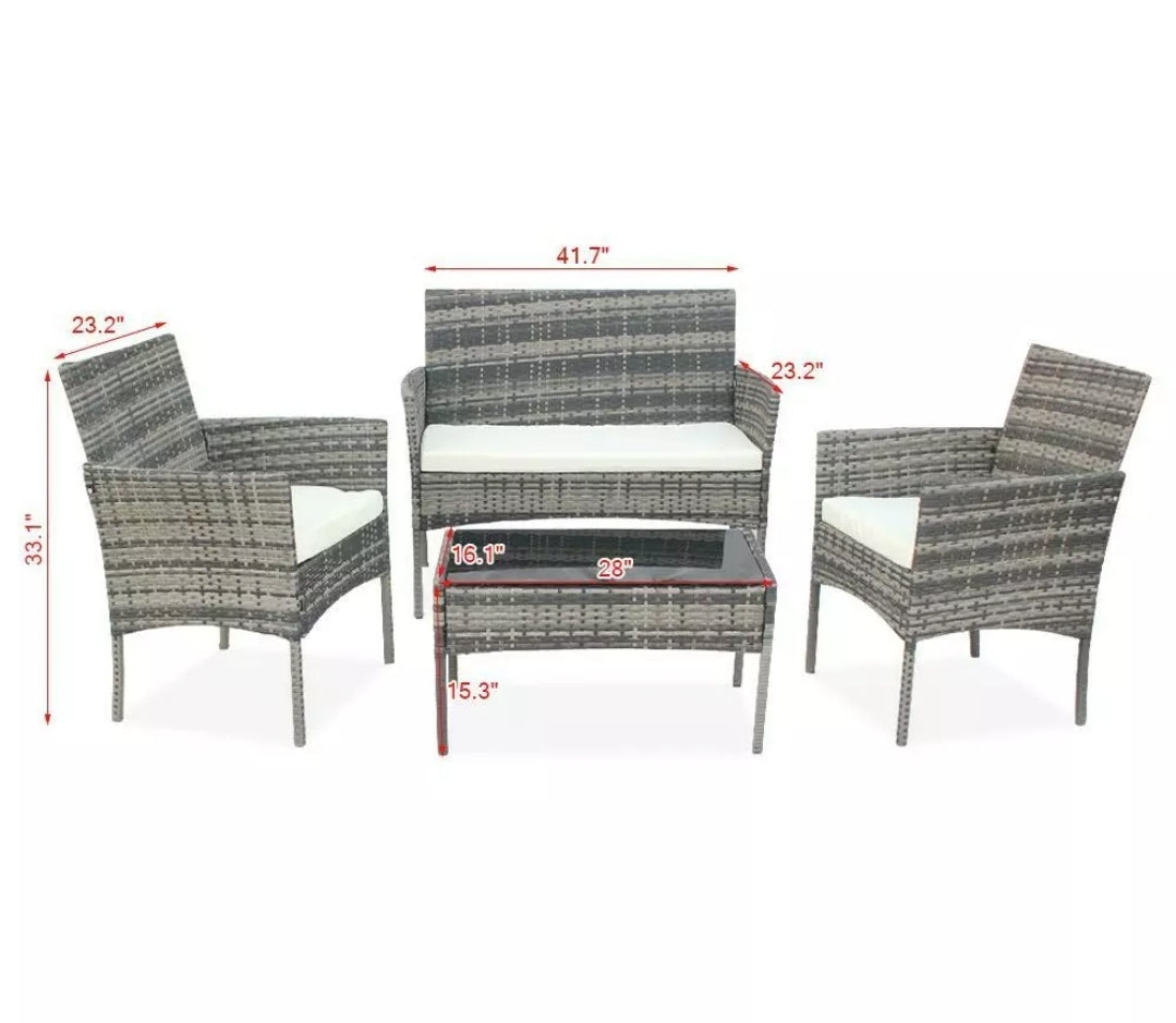 4PCS Gray Patio Rattan Wicker Furniture Set Cushioned Chair Glass Table Top Garden