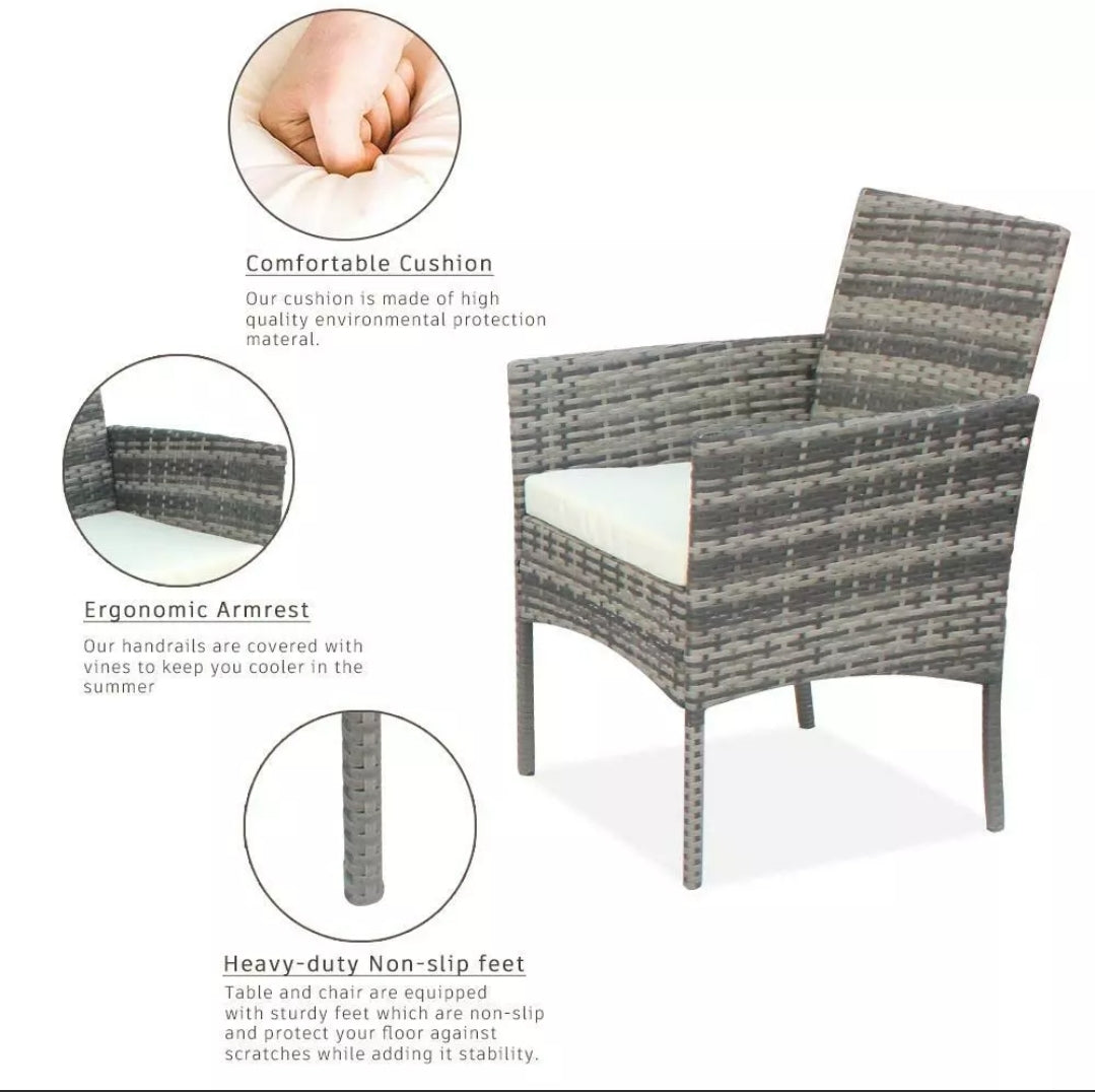 4PCS Gray Patio Rattan Wicker Furniture Set Cushioned Chair Glass Table Top Garden