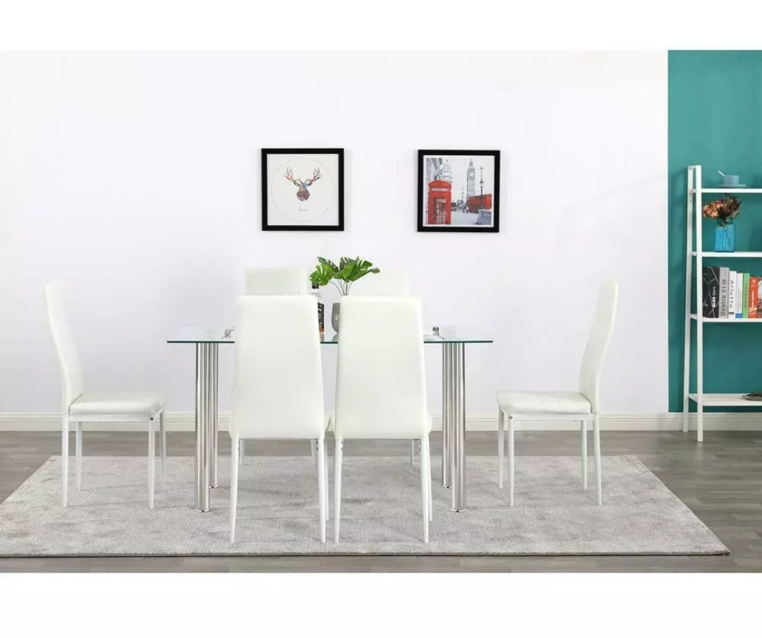 7 Piece Dining Table Set 6 Chairs Glass Metal Kitchen Room Furniture White