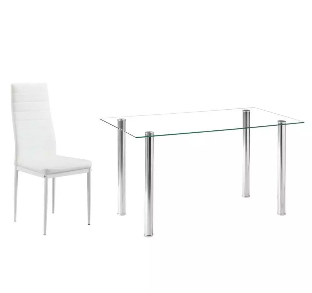 7 Piece Dining Table Set 6 Chairs Glass Metal Kitchen Room Furniture White