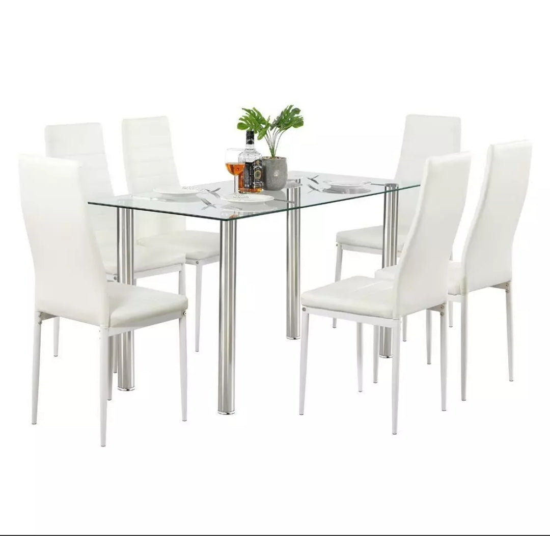 7 Piece Dining Table Set 6 Chairs Glass Metal Kitchen Room Furniture White