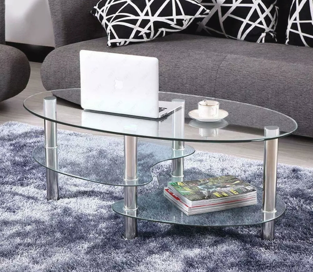 Tempered Glass Oval Side Coffee Table Transparent Round Living Room Furniture