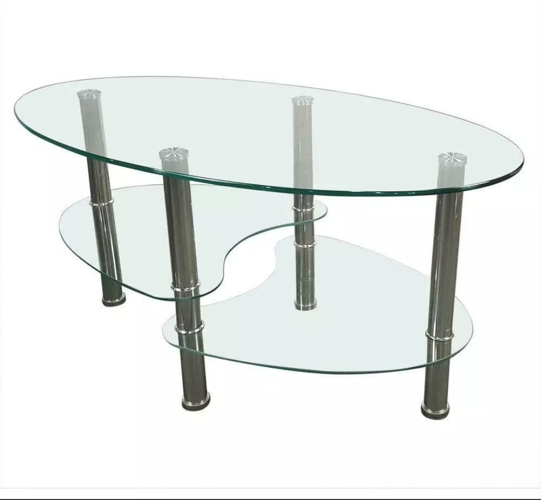 Tempered Glass Oval Side Coffee Table Transparent Round Living Room Furniture