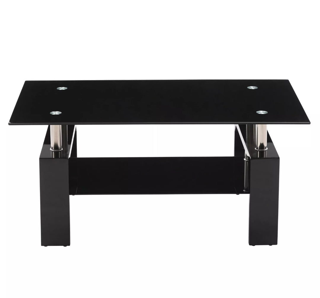 Modern Rectangle Cocktail Coffee Table Glass & Wood Living Room With Lower Shelf