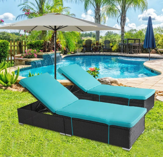 2 PC PE Wicker Chaise Lounge Adjustable Chair W/ Cushion Pool Outdoor Furniture
