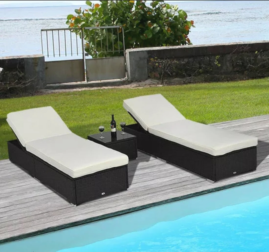3PC Rattan Wicker Chaise Lounge Chair Set Outdoor Patio Garden Furniture Pool