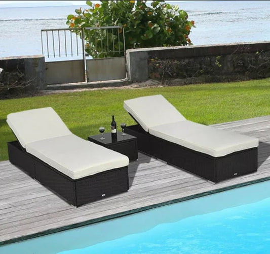 3PC Rattan Wicker Chaise Lounge Chair Set Outdoor Patio Garden Furniture Pool