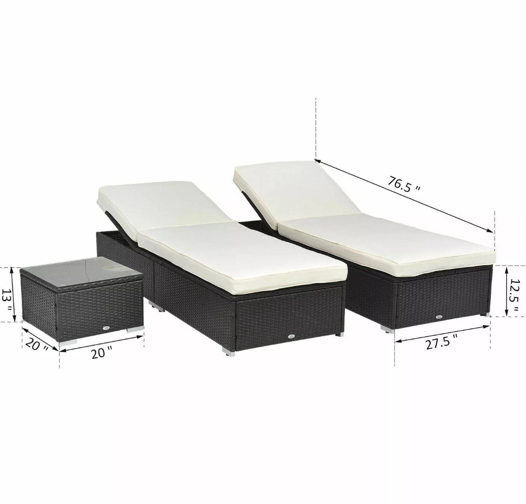 3PC Rattan Wicker Chaise Lounge Chair Set Outdoor Patio Garden Furniture Pool