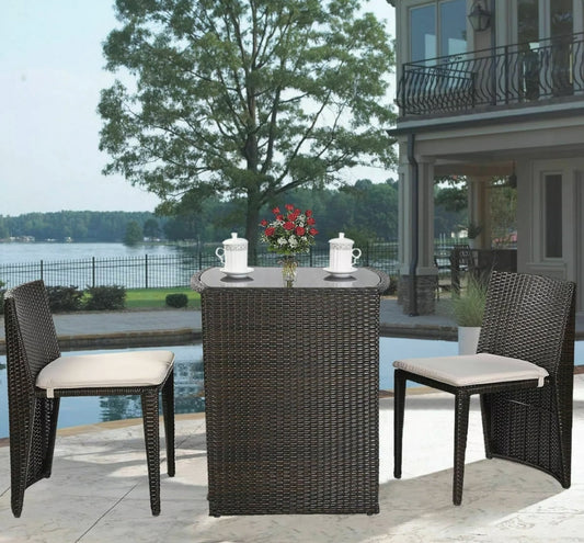 3 PCS Brown Cushioned Outdoor Wicker Patio Set Garden Lawn Sofa Furniture Seat
