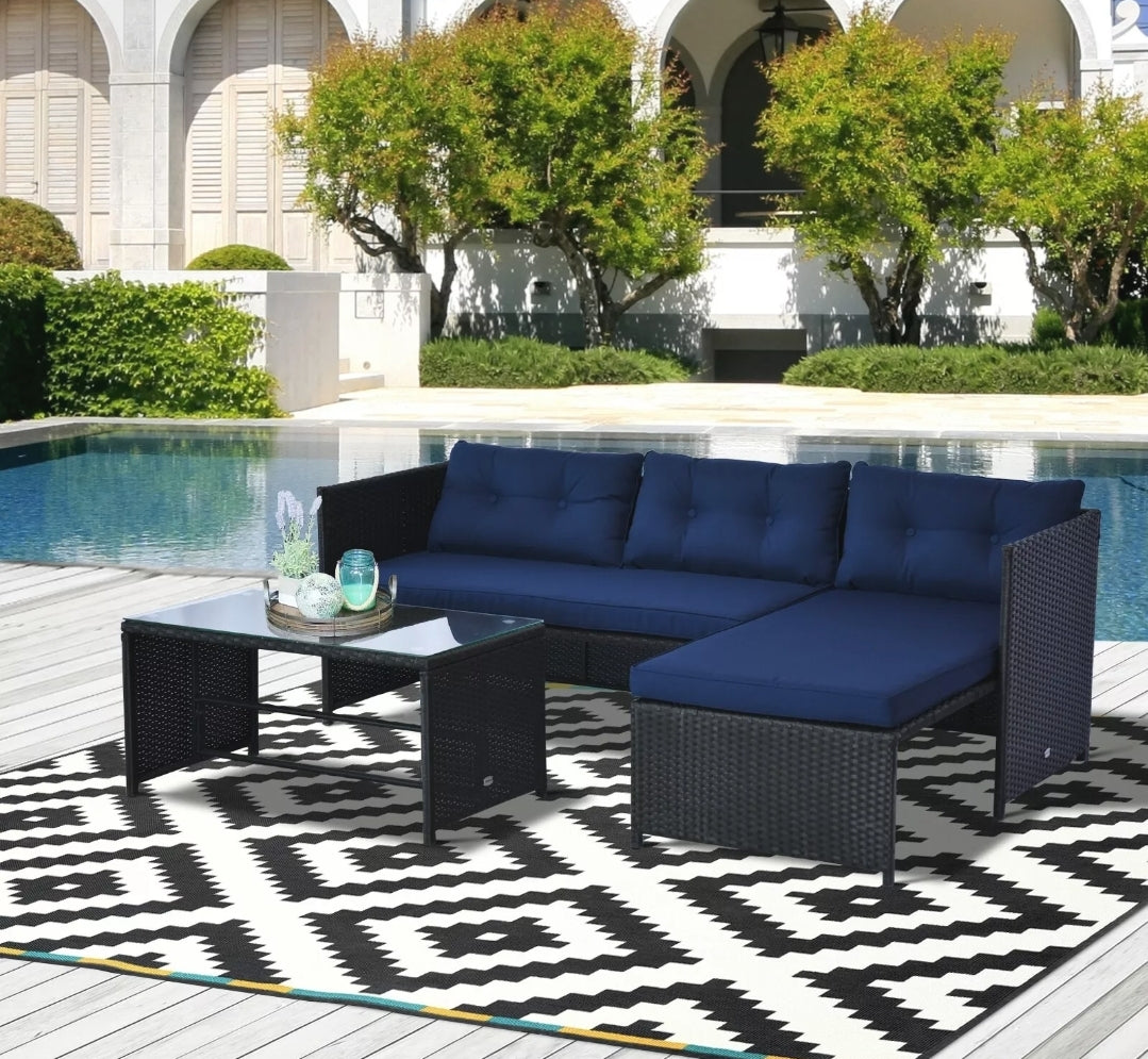 3- Black Piece Patio Furniture Set Rattan Sectional Wicker Sofa Lounger