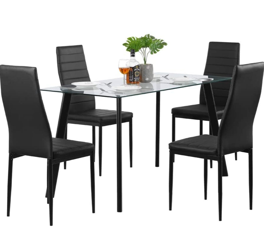 5PCS Modern White Tempered Glass Dining Set with 4pcs PVC Leather Chairs Transparent & Creamy (Black)