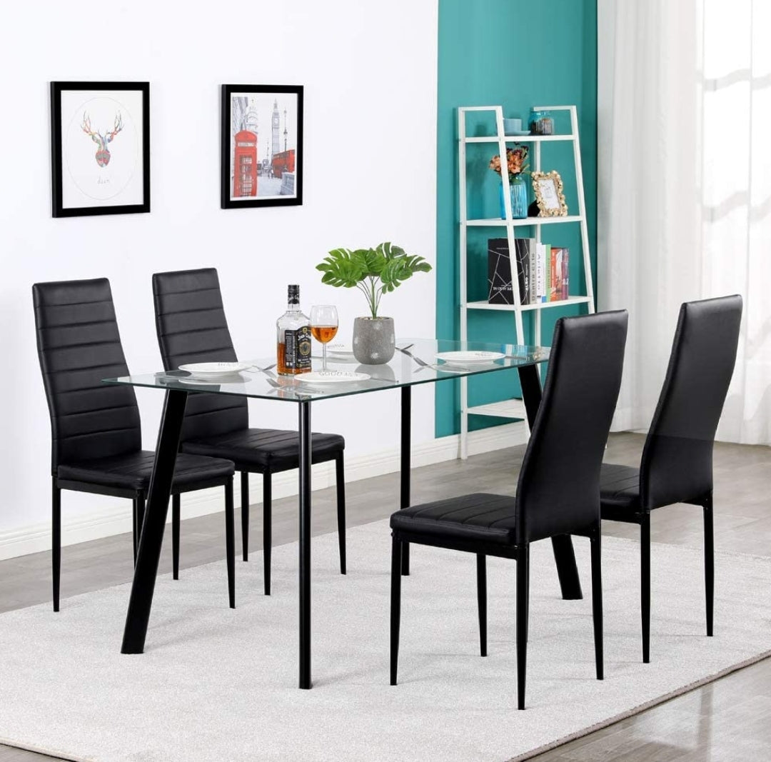 5PCS Modern White Tempered Glass Dining Set with 4pcs PVC Leather Chairs Transparent & Creamy (Black)