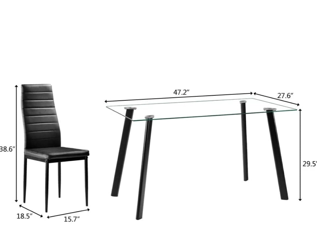 5PCS Modern White Tempered Glass Dining Set with 4pcs PVC Leather Chairs Transparent & Creamy (Black)