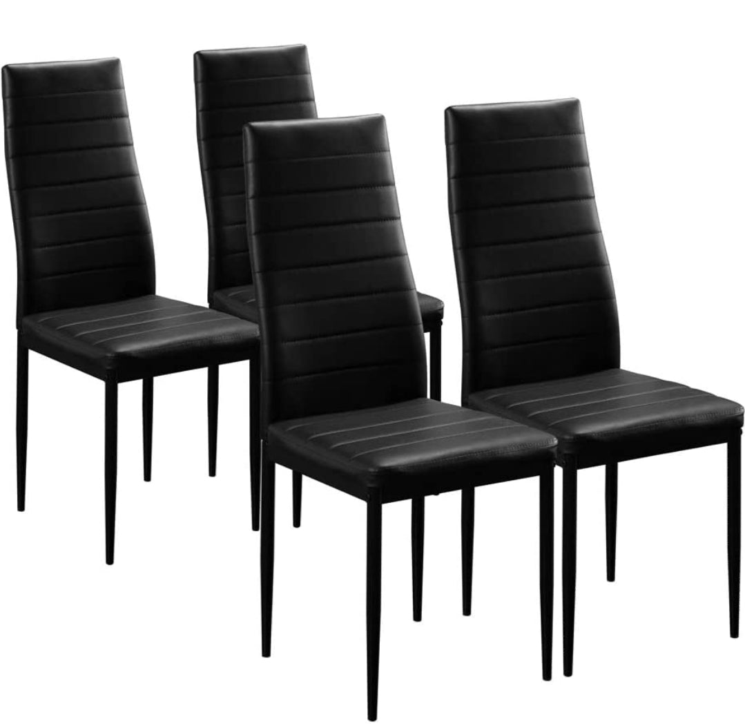 5PCS Modern White Tempered Glass Dining Set with 4pcs PVC Leather Chairs Transparent & Creamy (Black)