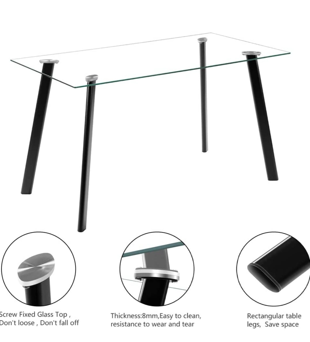 5PCS Modern White Tempered Glass Dining Set with 4pcs PVC Leather Chairs Transparent & Creamy (Black)