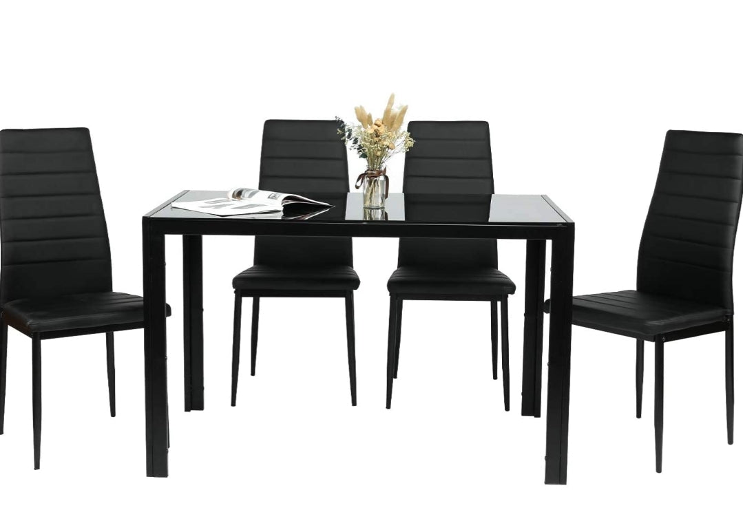5-Piece Kitchen Dining Table Set w/Glass Tabletop 4 Chairs