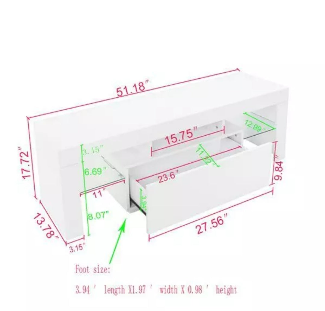 51" High Gloss TV Stand Cabinet Console Unit Furniture with LED Shelve Drawers H