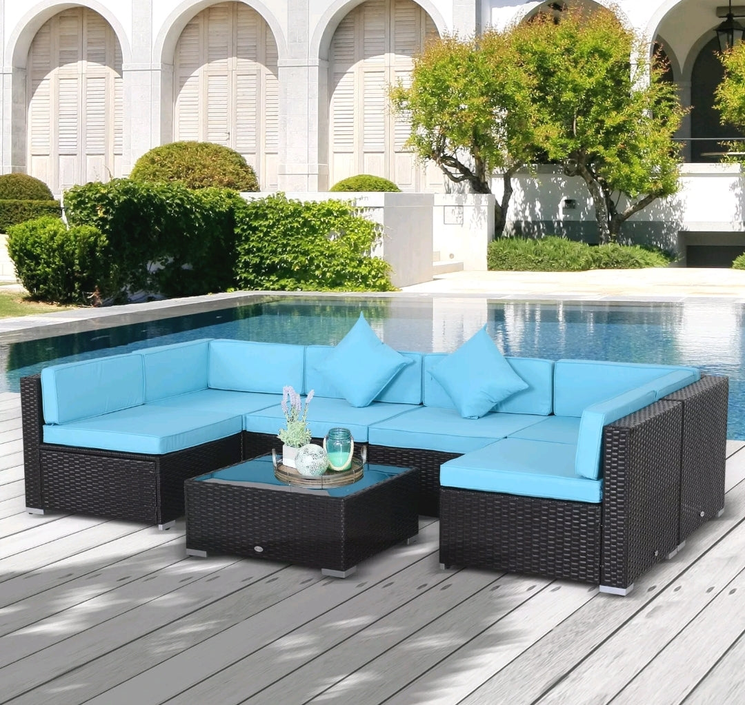 7-Piece Aqua Modern Outdoor Rattan Patio Chair Set for Backyards
