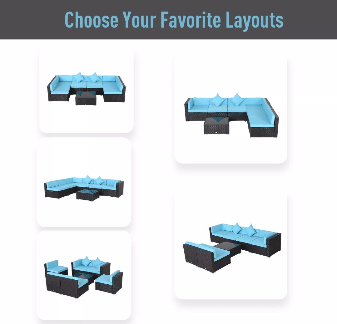 7-Piece Aqua Modern Outdoor Rattan Patio Chair Set for Backyards, BBQs,Decks,&Patios