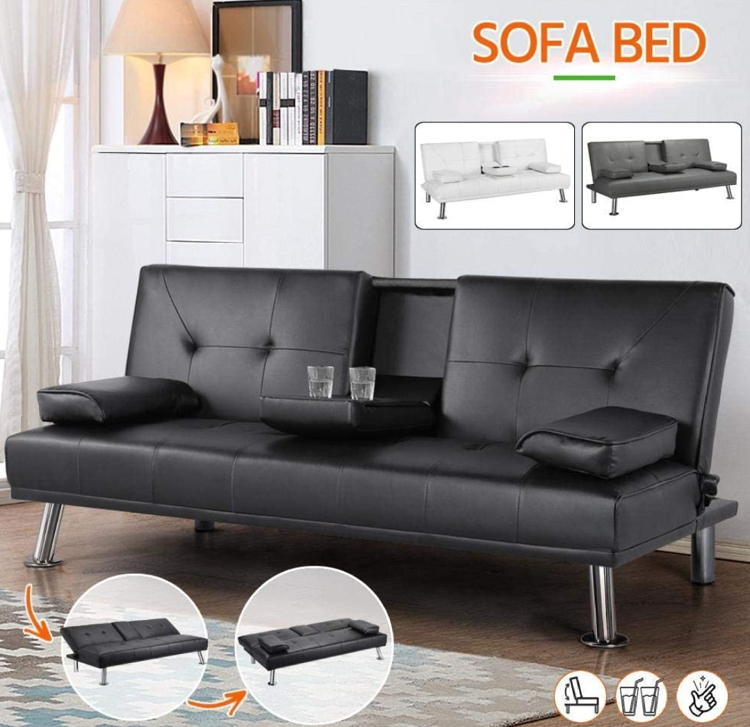 Sleeper Sofa Bed Convertible PU Leather Couch Futon Recliner Cup Holders Ottaman