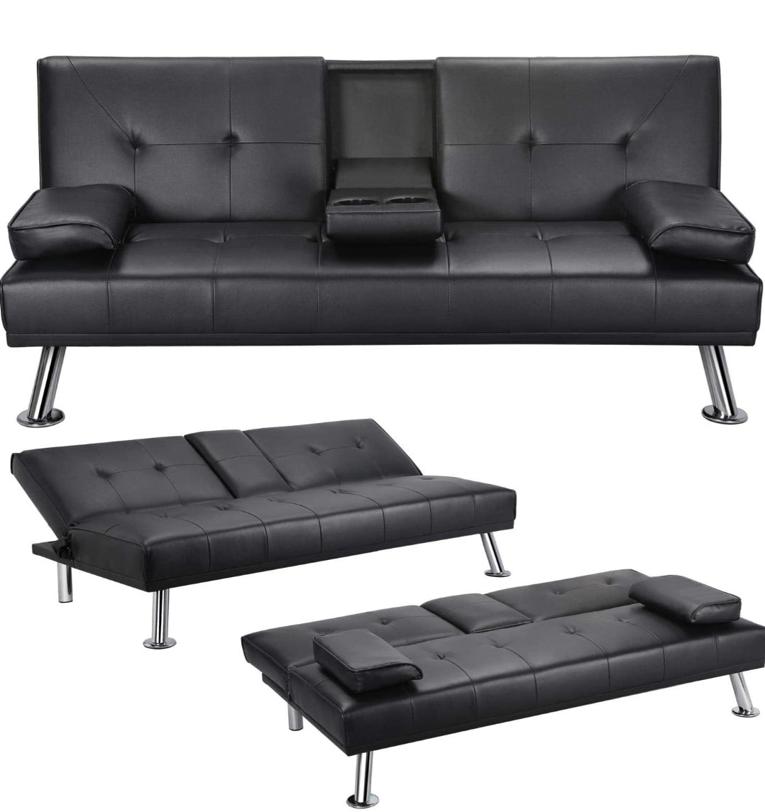 Sleeper Sofa Bed Convertible PU Leather Couch Futon Recliner Cup Holders Ottaman