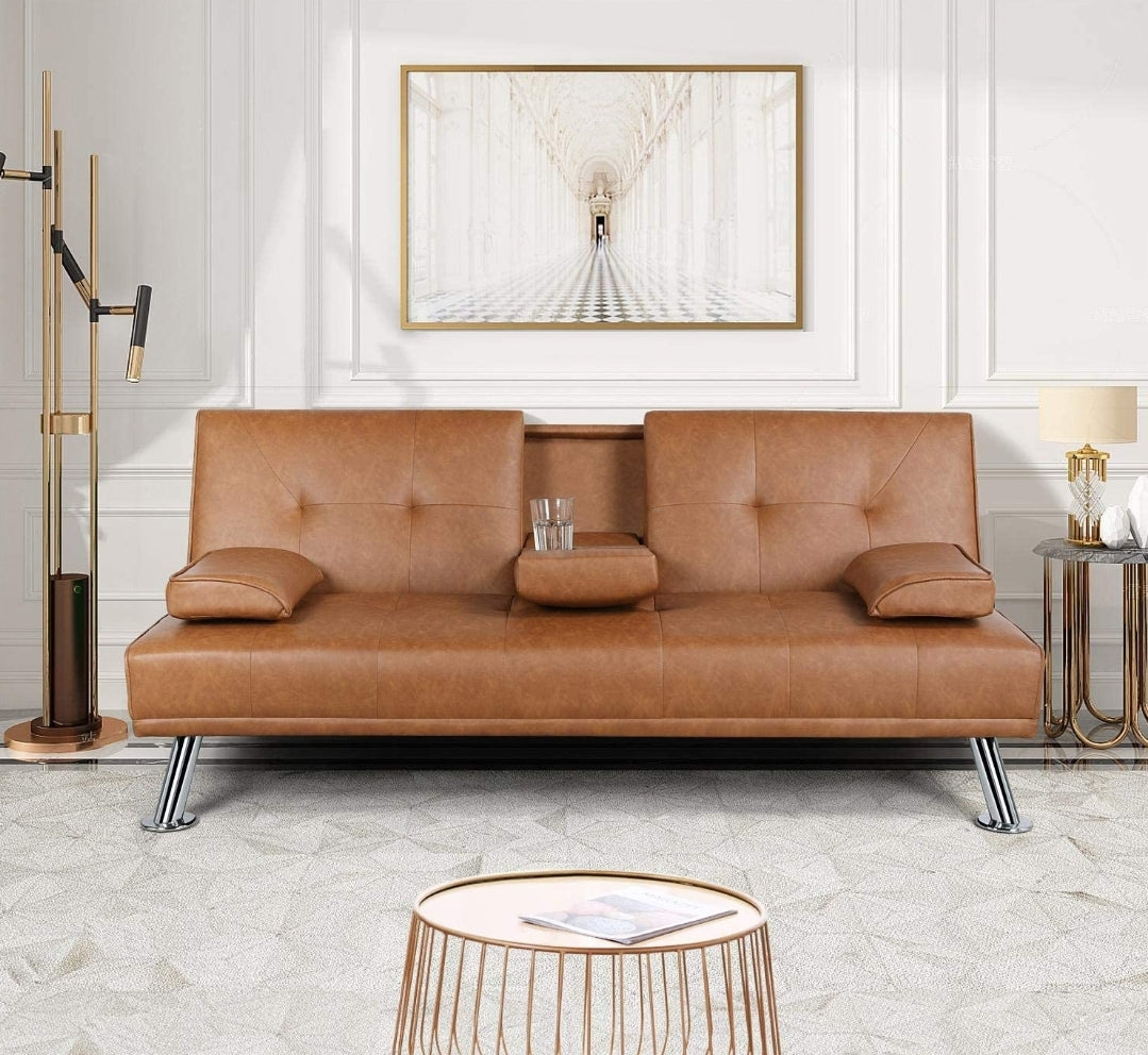 Brown Futon Pu Leather Sofa Sleeper