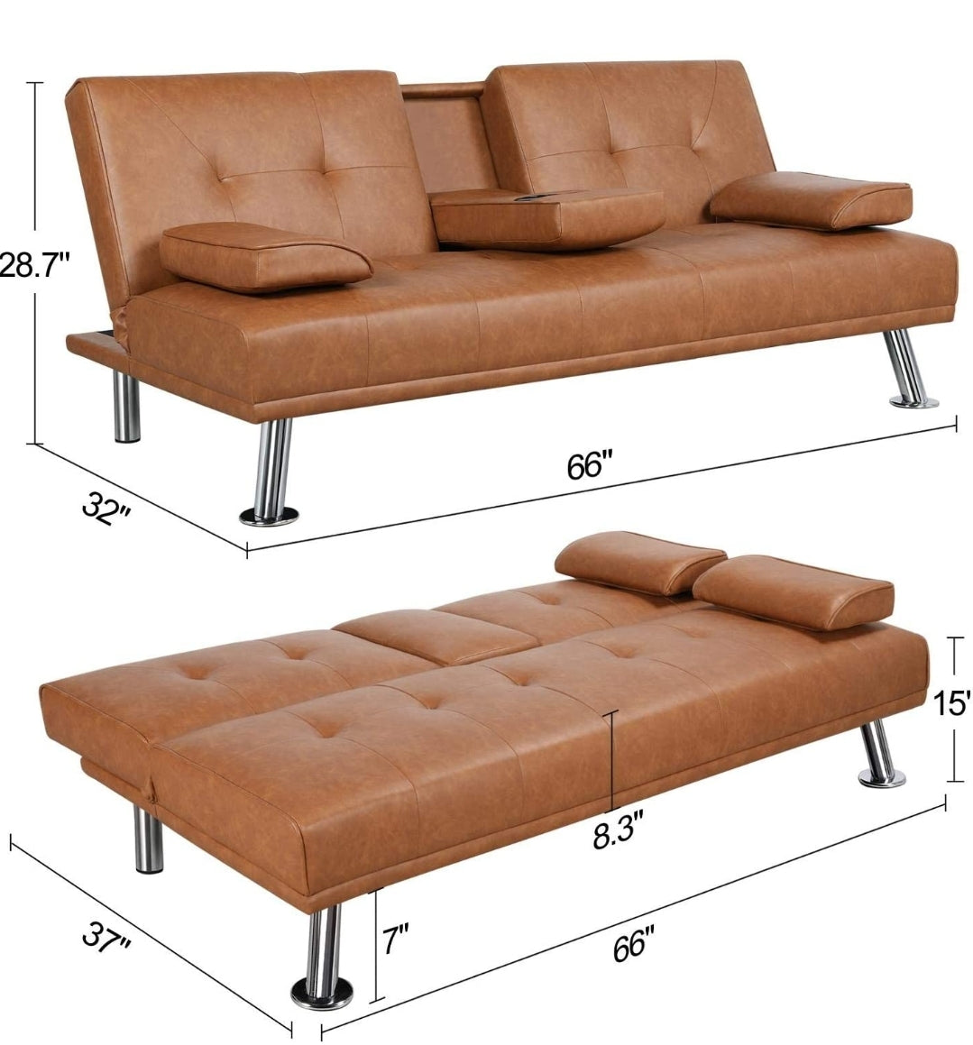 Brown Futon Pu Leather Sofa Sleeper