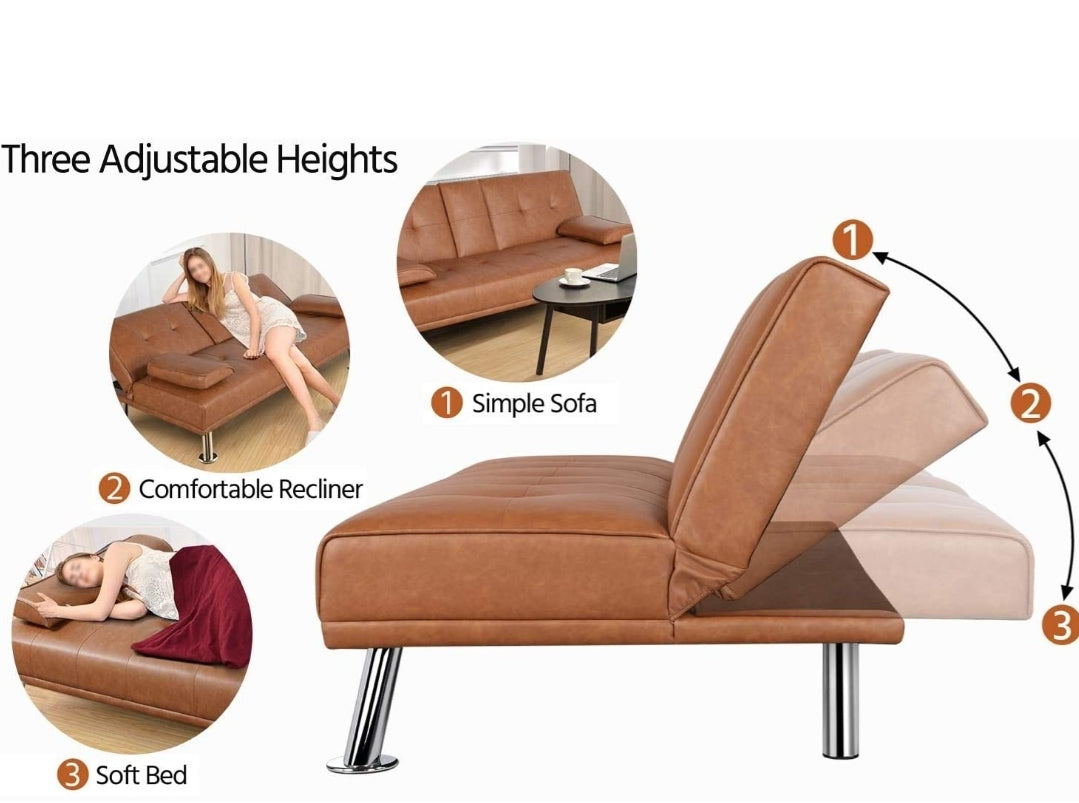 Brown Futon Pu Leather Sofa Sleeper