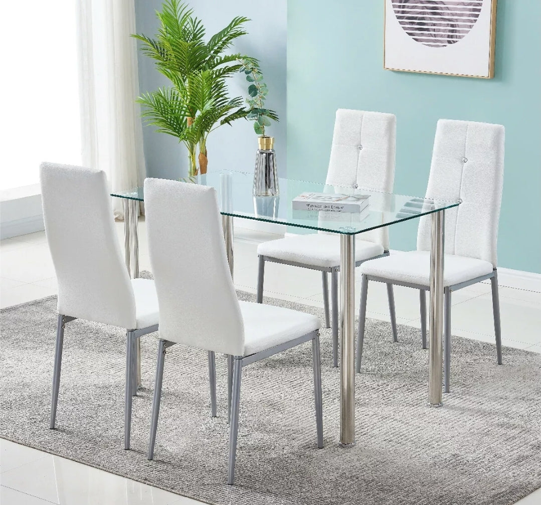 Dining Set Transparent Glass Table 4 Chairs Of Diamond Button Kitchen Furniture