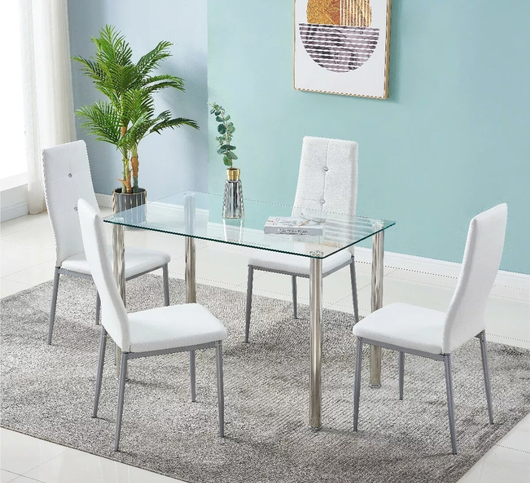 Dining Set Transparent Glass Table 4 Chairs Of Diamond Button Kitchen Furniture