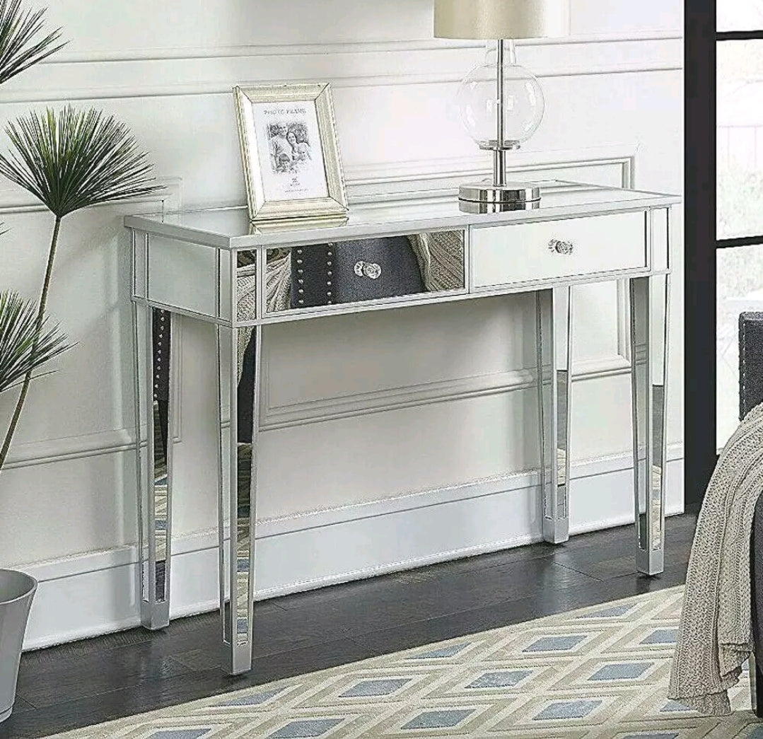 2 Drawer Mirrored Vanity Make-Up Desk Console Dressing Silver Glass Table Modern