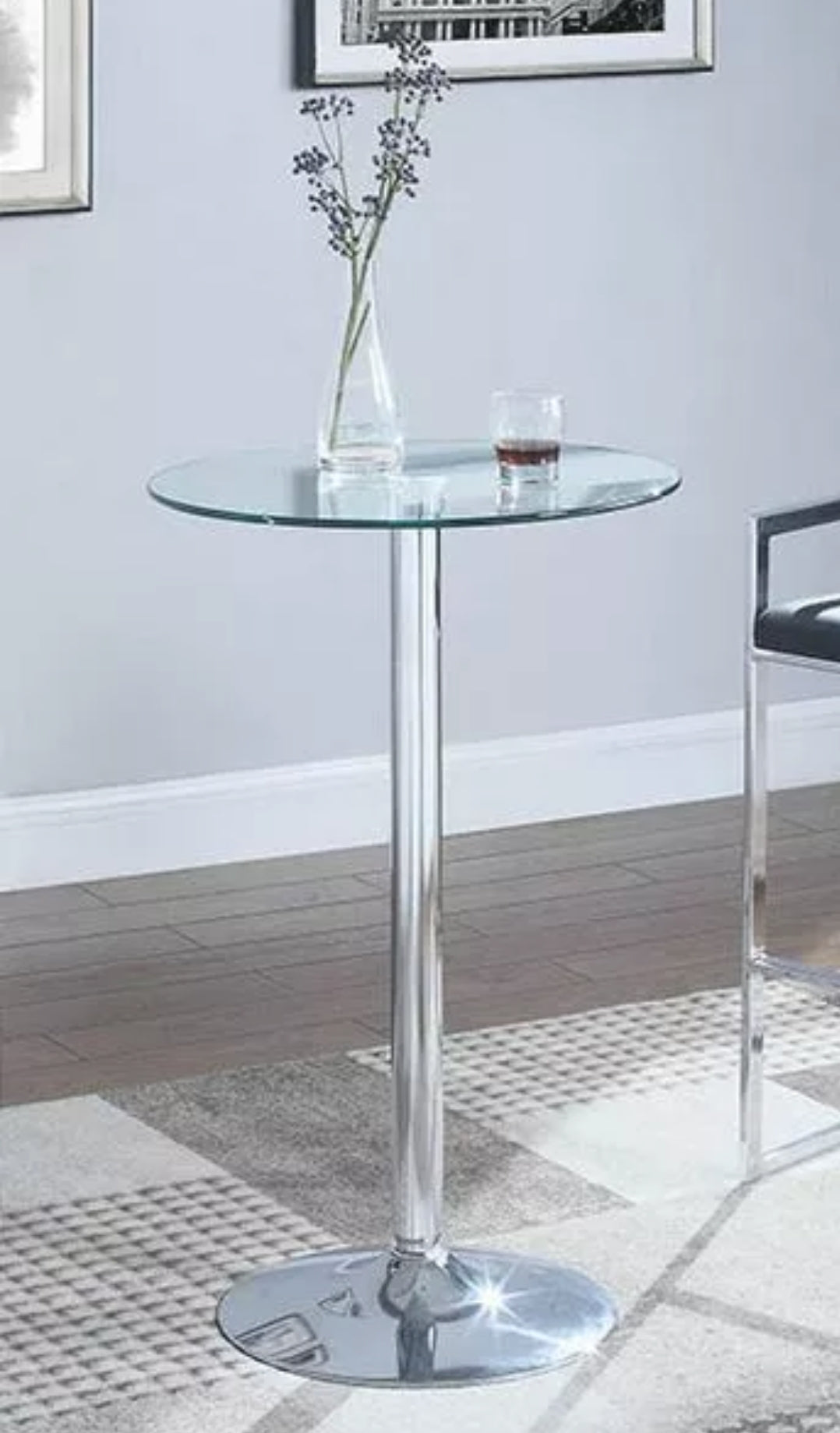 Contemporary Glass Top Chrome Bar Table 23.5" 35.5h