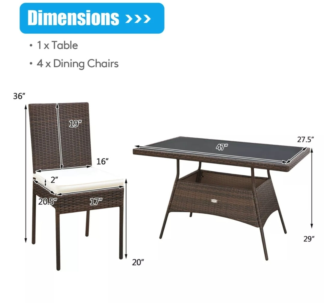5PCS Rattan Patio Dining Table & Chair Set Outdoor Furniture Set w/ Cushion
