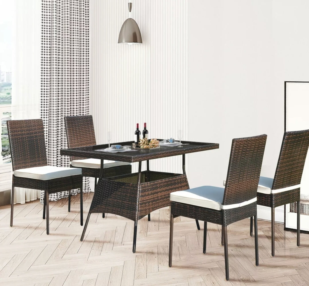 5PCS Rattan Patio Dining Table & Chair Set Outdoor Furniture Set w/ Cushion