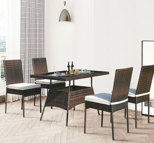 5PCS Rattan Patio Dining Table & Chair Set Outdoor Furniture Set w/ Cushion