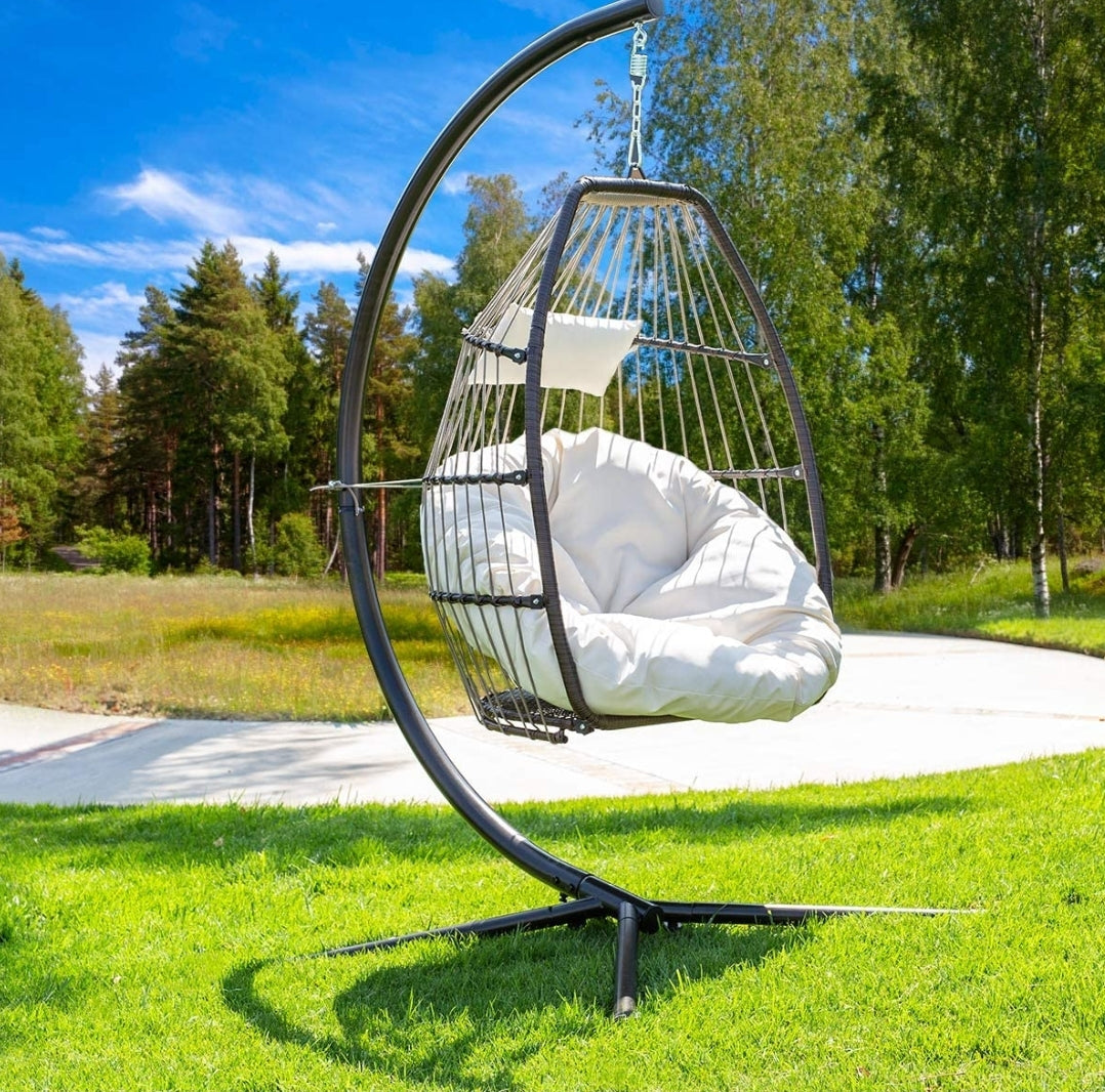 Luxury Wicker Hanging Chair Swing Chair Patio Egg Chair UV Resistant Soft Deep Fluffy Cushion Relaxing Large Basket Porch Lounge