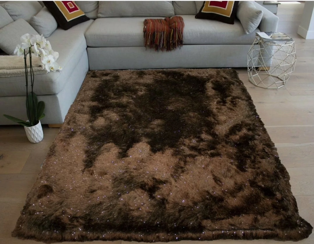 5x7 Glitter Shine Brown Shag Fuzzy Solid Area Rug Fluffy Solid Rug Carpet Decor