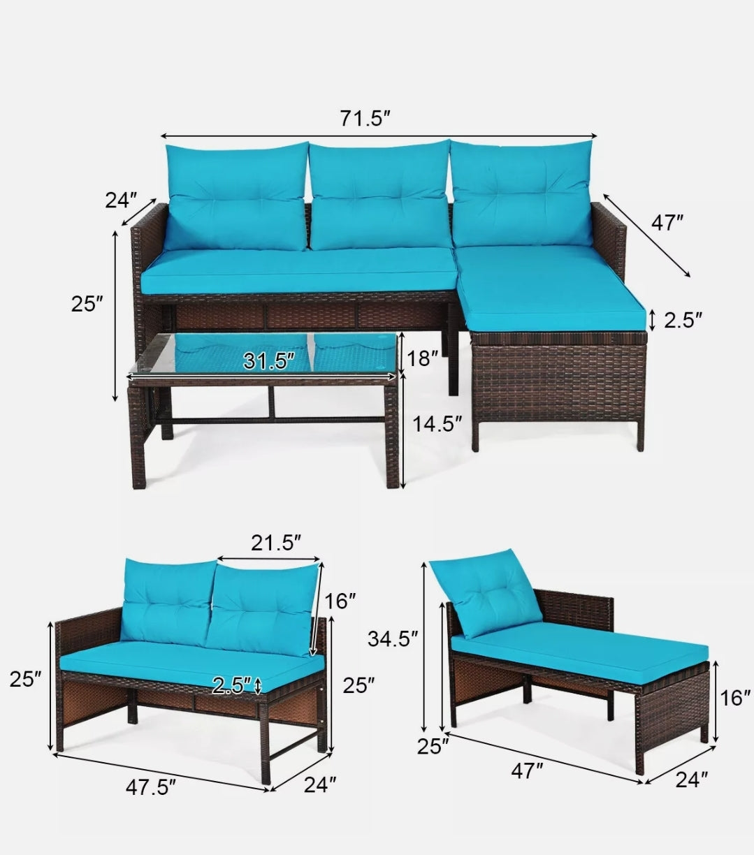 3PCS Patio Wicker Rattan Sofa Sectional