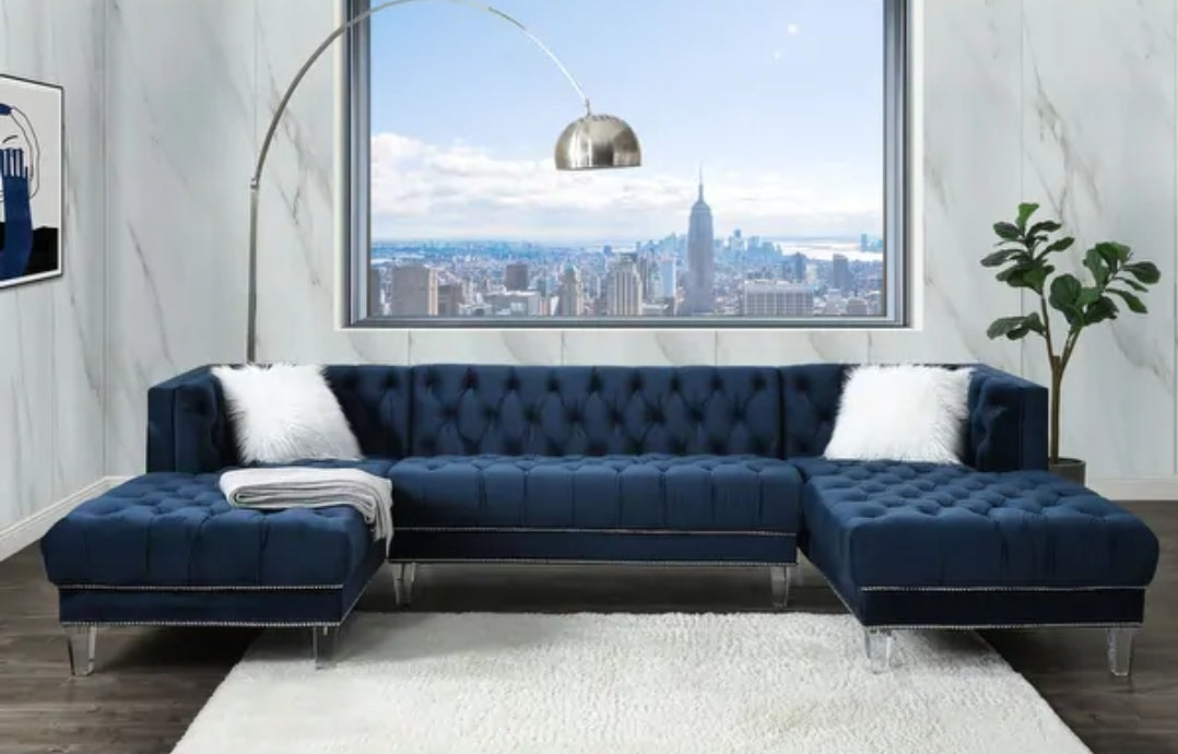 Ezamia Sectional Sofa with 2 Pillows in Navy Blue Velvet