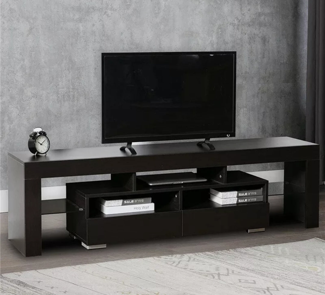 63" Brown TV Stand Fits TV Up To 75" Comes With LED Lights Glossy Brown