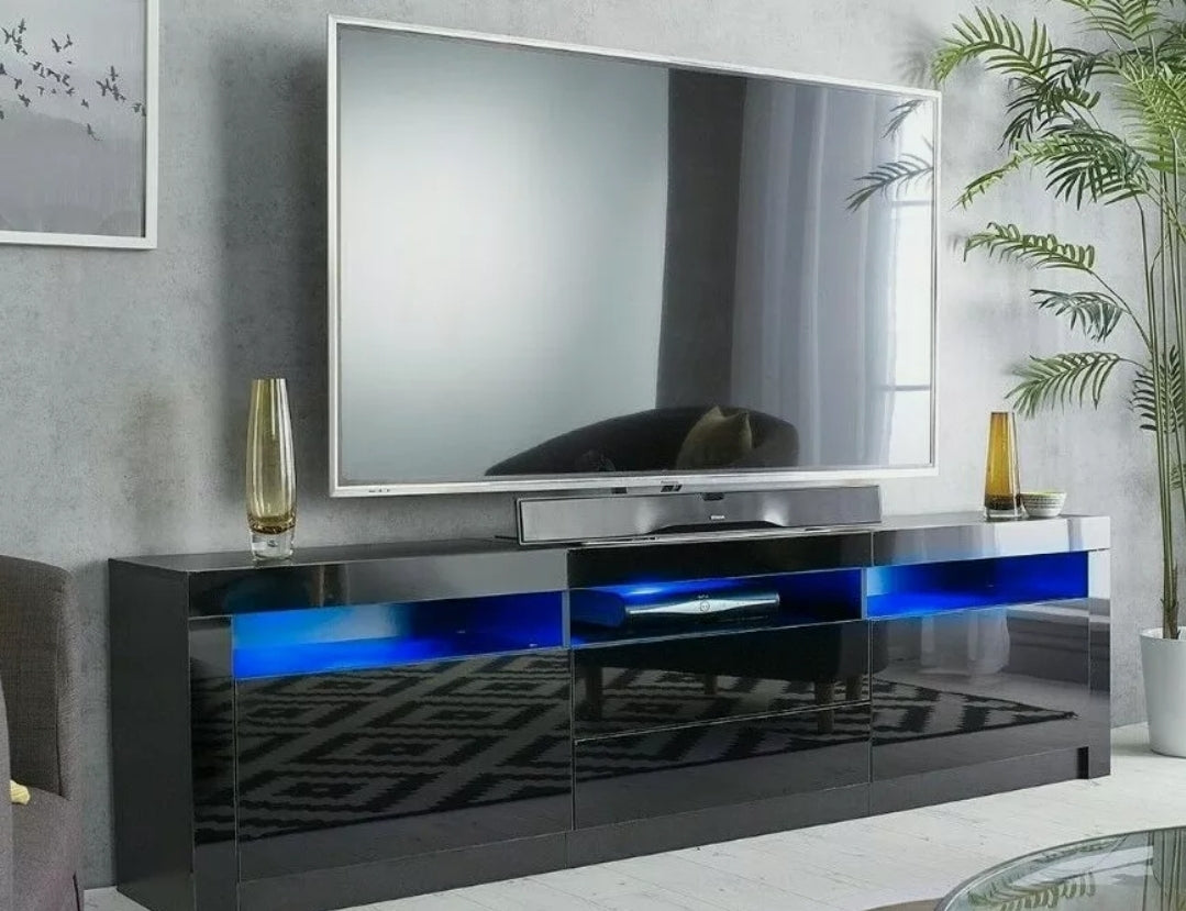 78"  Black TV Cabinet Stand Matt Body High Gloss Doors for 90 inch TV LED lights 22"(h)