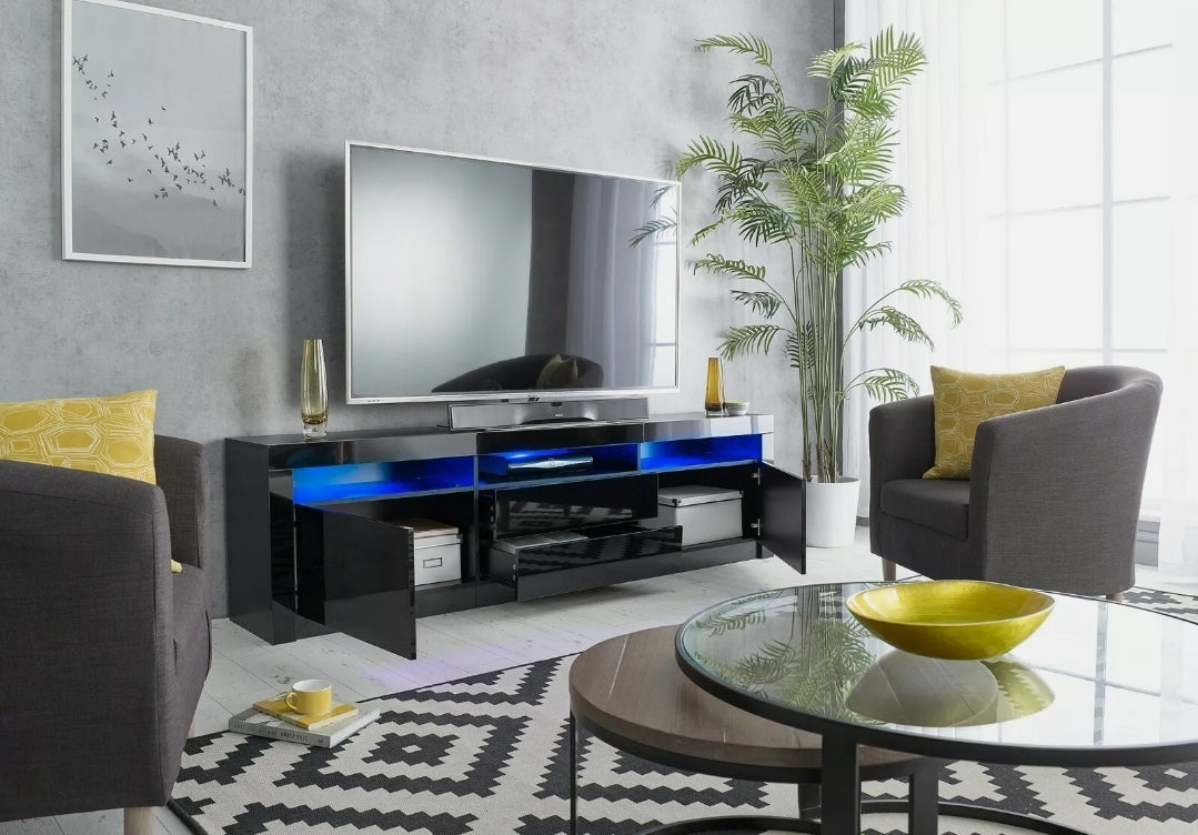 78"  Black TV Cabinet Stand Matt Body High Gloss Doors for 90 inch TV LED lights 22"(h)