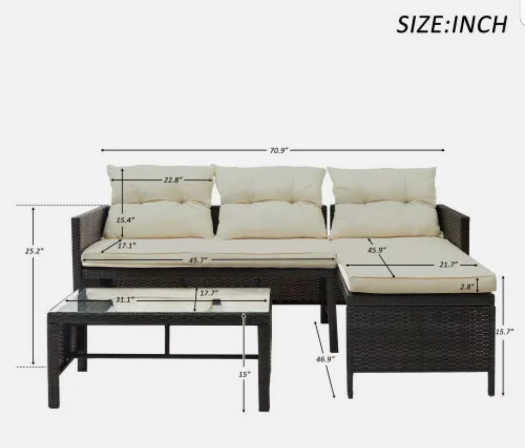 3PCS Patio Wicker Rattan Sofa Set Outdoor Furniture Sectional Couch with Cushion